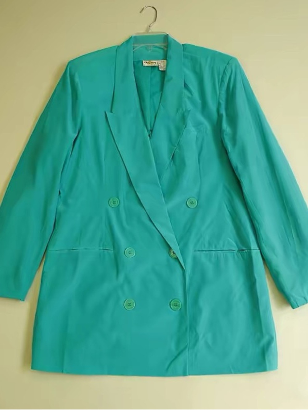 Vintage Oleg Cassini 100% Silk Turquoise Double Breasted Blazer US 14